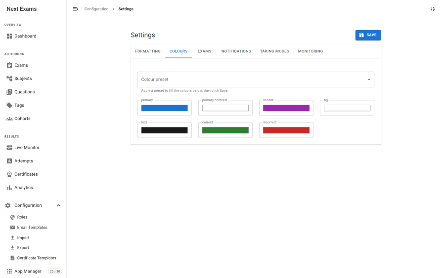 The Settings page showing the six section tabs across the top with the Colours section open, displaying colour pickers for accent, background, text, correct and incorrect, alongside a live preview
