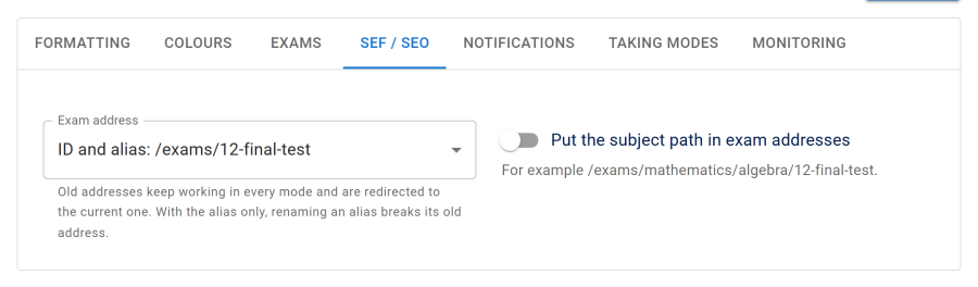 The SEF / SEO tab of the Settings page, with the Exam address choice set to ID and alias and the subject path switch off