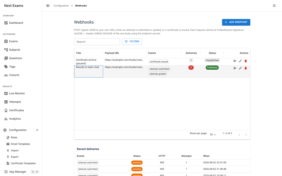 The webhook endpoint editor, showing the title and URL fields, per-event subscription checkboxes, the signing secret with a regenerate control, a Send test button, and a recent deliveries panel listing status codes and timestamps