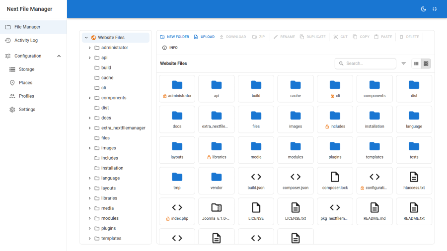 The Next File Manager browser with the folder tree on the left and a populated grid view