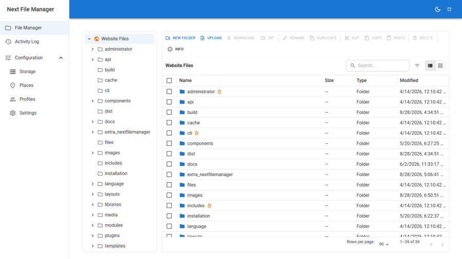 The same folder in list view, showing name, size, type and modified columns
