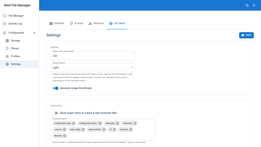 The settings page showing the upload ceiling, thumbnail switch, default theme and the protection options