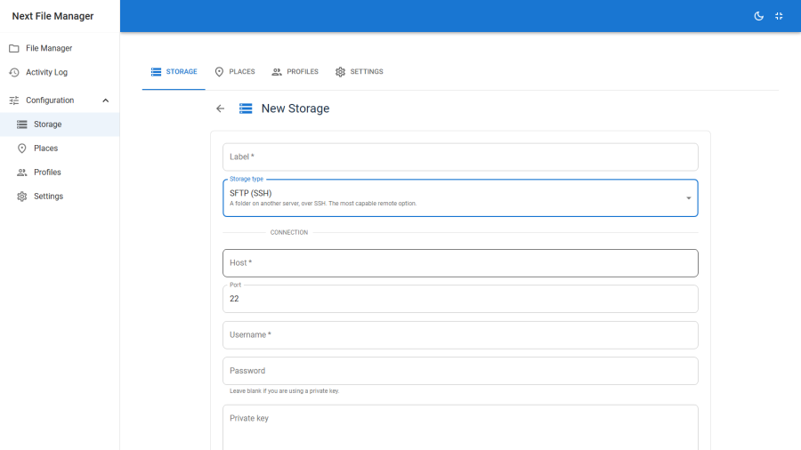 The storage editor showing the SFTP form with host, credentials and remote folder fields