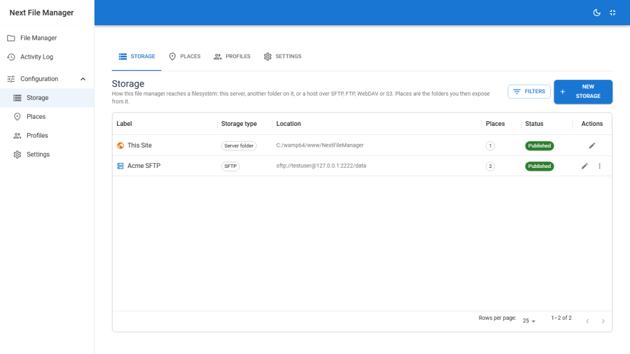 The storage list showing the built-in site storage alongside custom remote drives