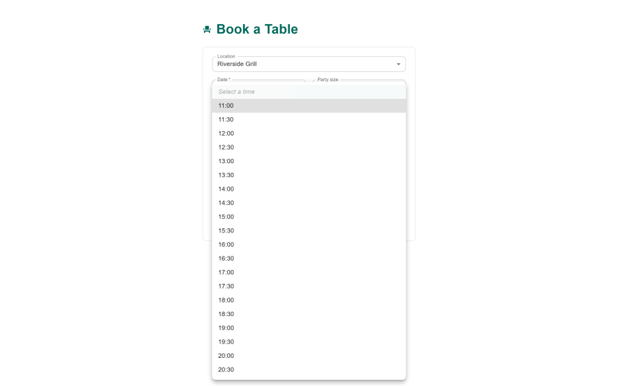 The public booking page with the date picker, party-size selector and the grid of genuinely available time slots