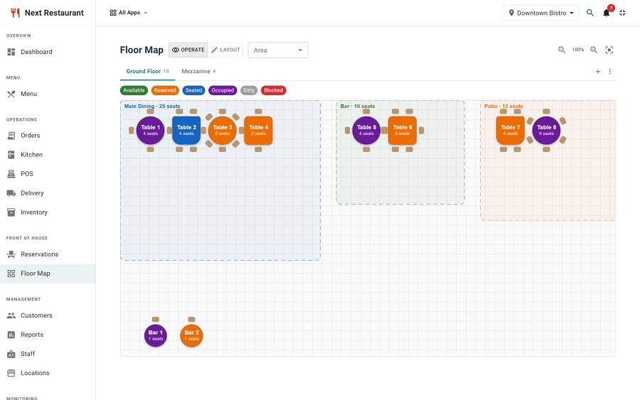 The floor map in Layout mode with the floor tabs, a drawn dining room of tables and chairs, and the shape toolbar