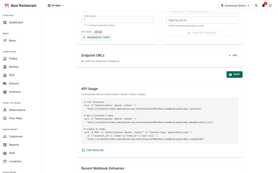The webhooks section with configured endpoint URLs, the event multi-select and the test-webhook button