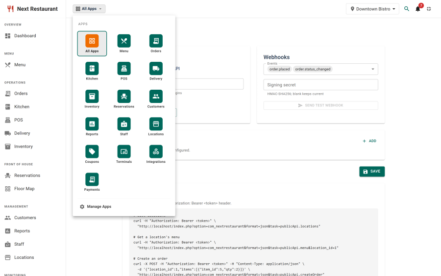 The Integrations screen with the API token, webhook endpoints, event selector and test-webhook action