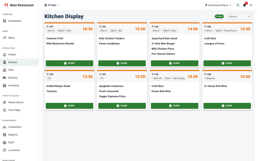 The kitchen display board with several tickets, elapsed timers and colour-coded urgency
