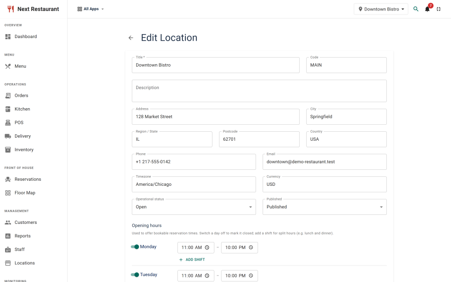 The location editor with contact details and the per-day opening-hours grid