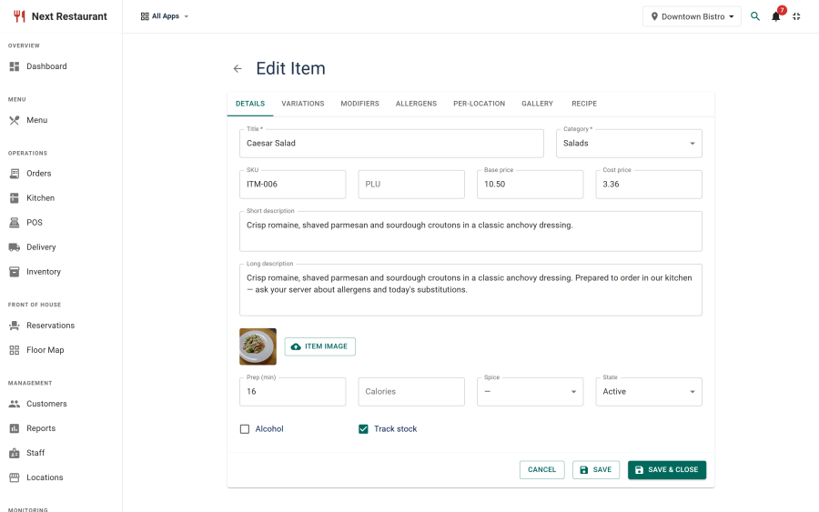 The menu item editor showing name, price, category, the cropped image and attached modifier groups