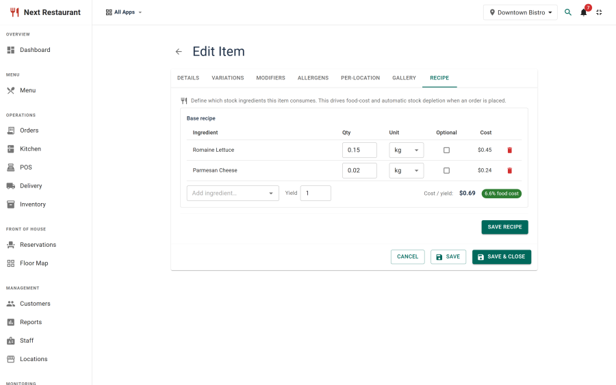 The recipe tab on a menu item, listing ingredients with quantities and the computed ingredient cost