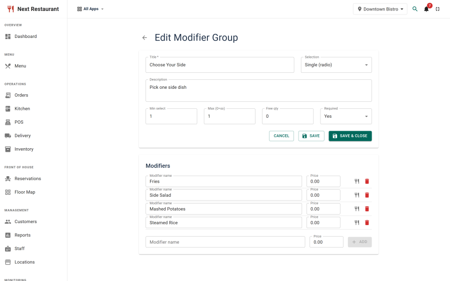 A modifier group editor with its options, price deltas and min/max selection rules
