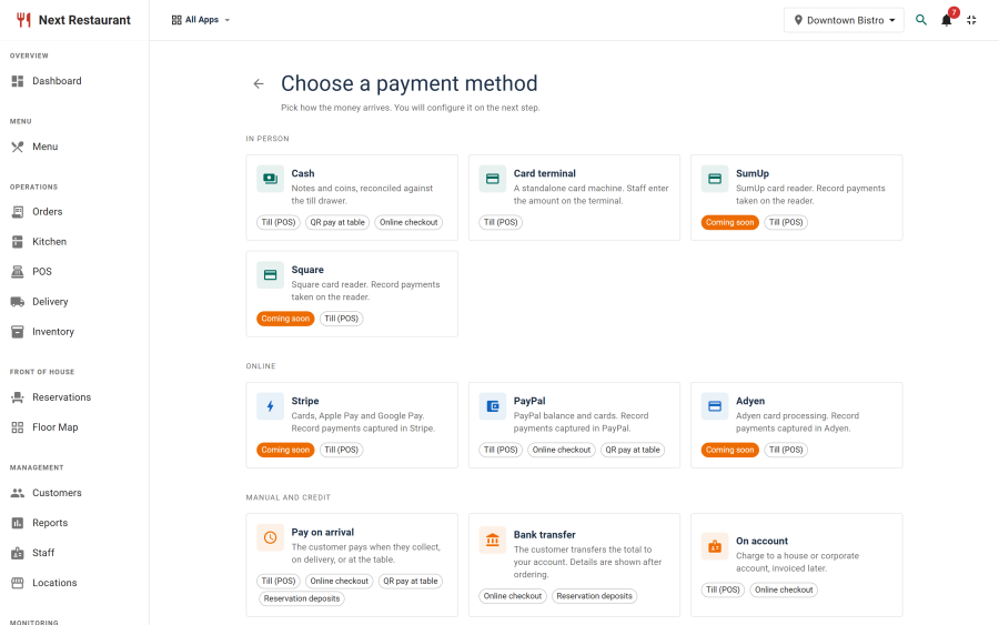 The provider picker showing the card providers and manual settlement types available to configure