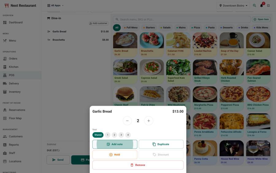 The POS check-level actions menu, offering check note, check discount, attach customer, transfer to table and clear check