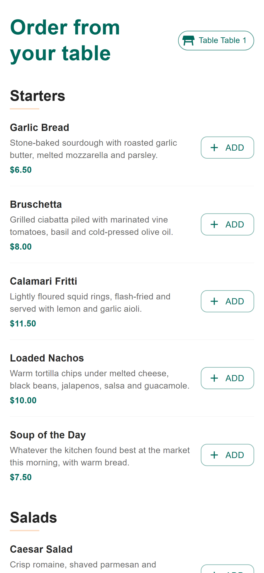 The guest QR ordering page on a phone-width viewport, showing the table badge, menu categories and the cart button
