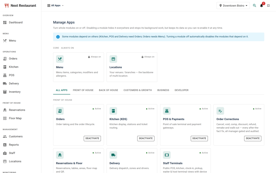 The Apps page with each module's switch, showing dependent modules greyed out beneath a disabled parent