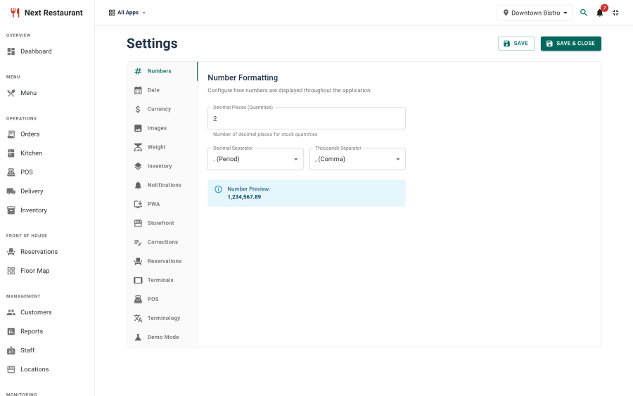 The Settings screen with its tab strip — Numbers, Date, Currency, Images, Weight, Inventory, Notifications, PWA, Storefront, Corrections, Reservations, Terminals, POS, Terminology and Demo Mode