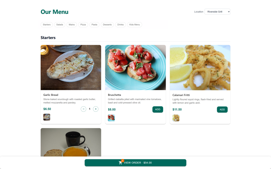 The public menu showcase rendered on the site, with category sections, item photography, prices and allergen tags