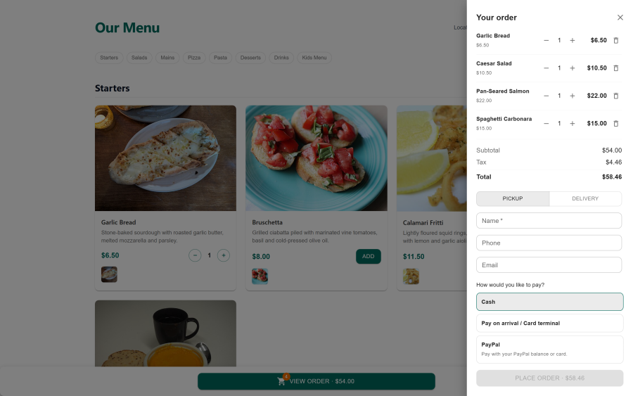 The storefront ordering page with the menu on the left and the cart panel with totals on the right