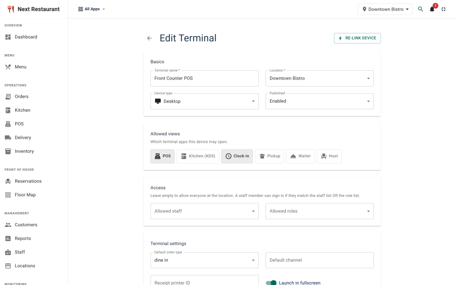 The terminal editor showing the screen selector, location binding and the staff and role restrictions