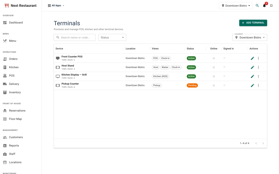 The terminals list showing each device with its screen type, bound location, restriction and link status