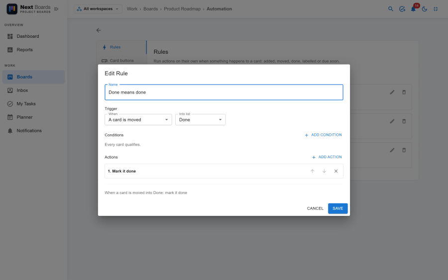 The automation editor with a trigger, one condition and three actions in order