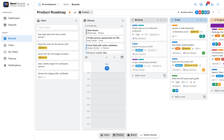 A board with the Inbox and Planner panels open beside the lists