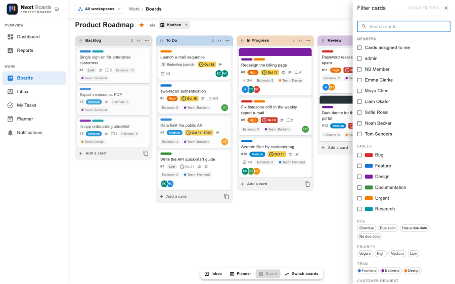 The filter panel open beside the board with text search, labels, members and due date options