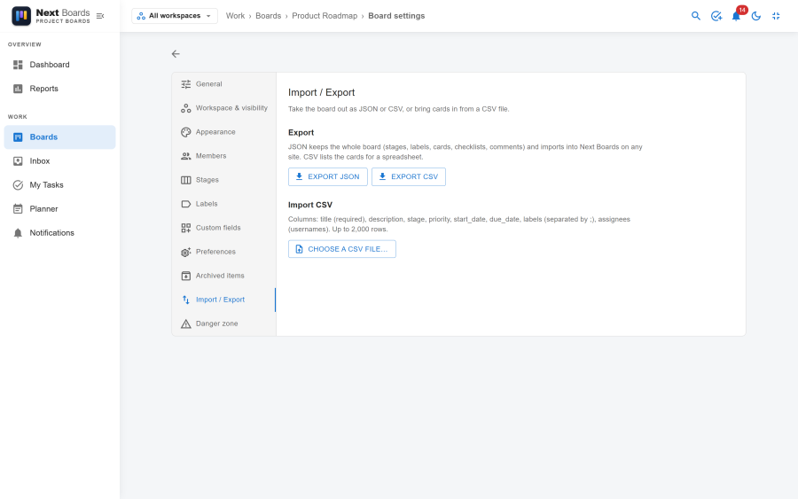 The Import / Export tab of the board settings with the Export JSON and Export CSV buttons and the CSV import field