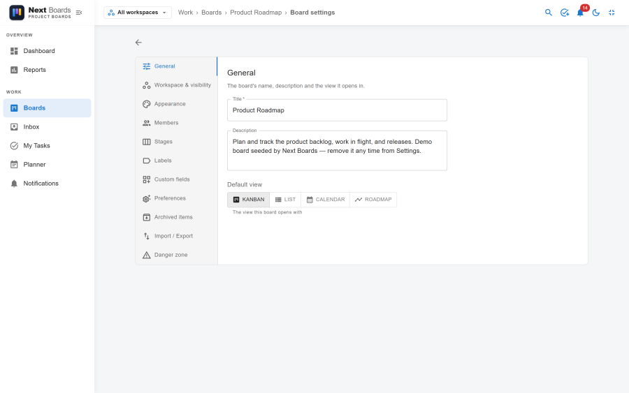 The General tab of the board settings with the tab list on the left and the title, description and default view fields