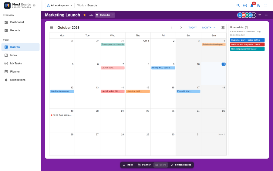 The Calendar view in month layout with cards on their due dates and the Unscheduled tray on the side