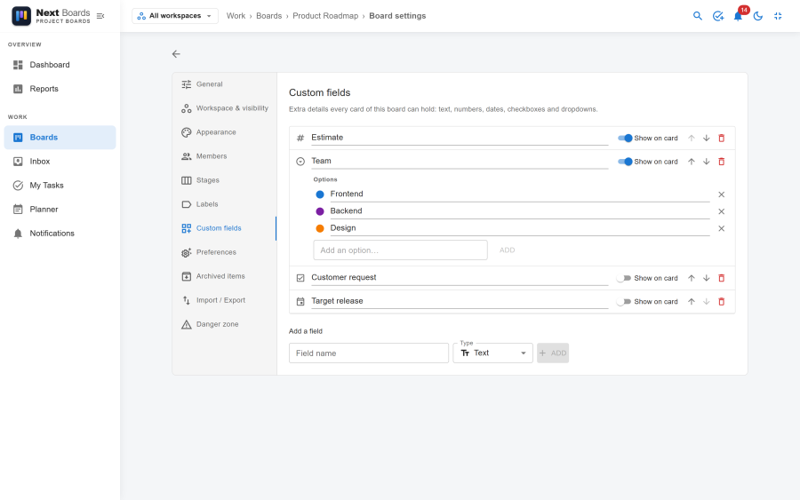 The Custom fields tab of the board settings with a list of fields, their types and the Show on card switch