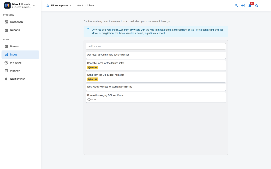 The Inbox page with a quick-add field and a list of captured cards, some with due dates