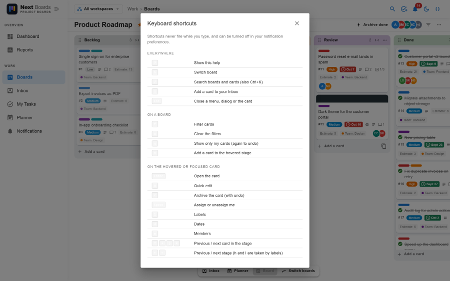 The keyboard shortcuts dialog listing the keys that work everywhere, on a board and on a card