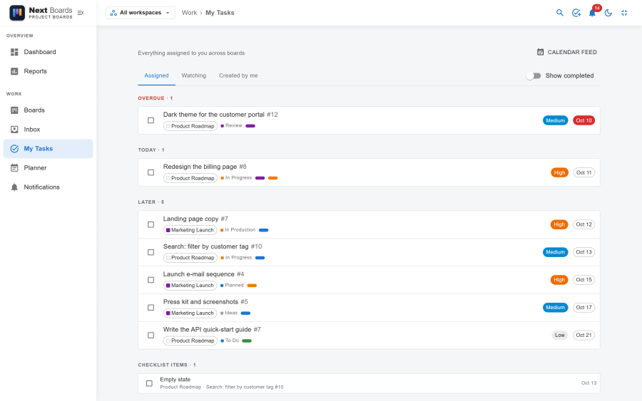 The My Tasks page with cards grouped under Overdue, Today, This week and Later, each showing its board and due date