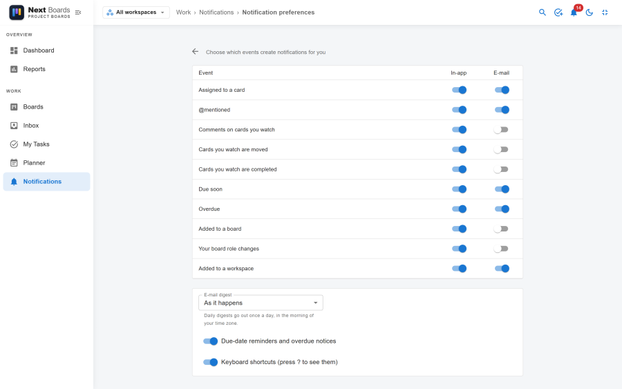 The notification preferences page with one row per event and In-app and E-mail switches for each