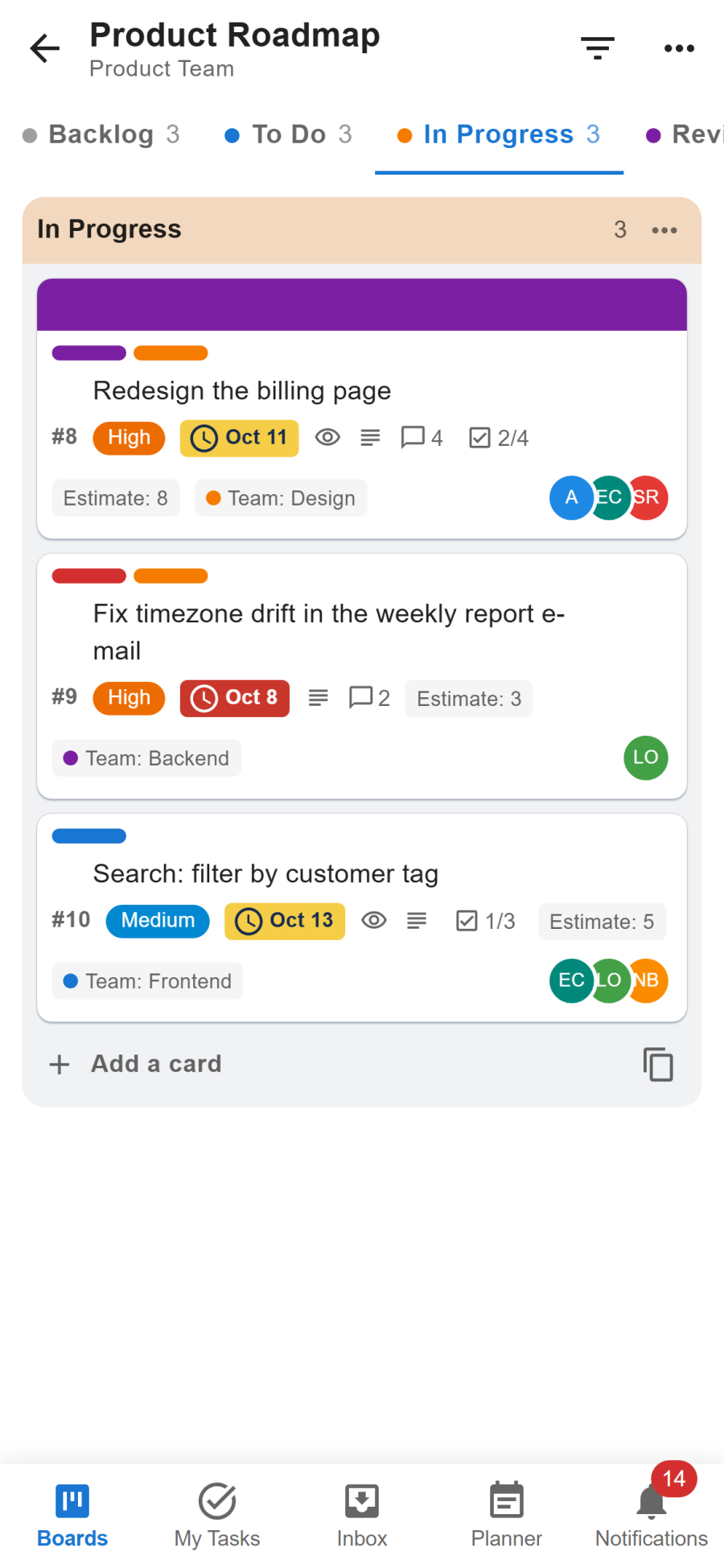 A board in the phone app in the one list at a time layout, with the lists as tabs above the cards