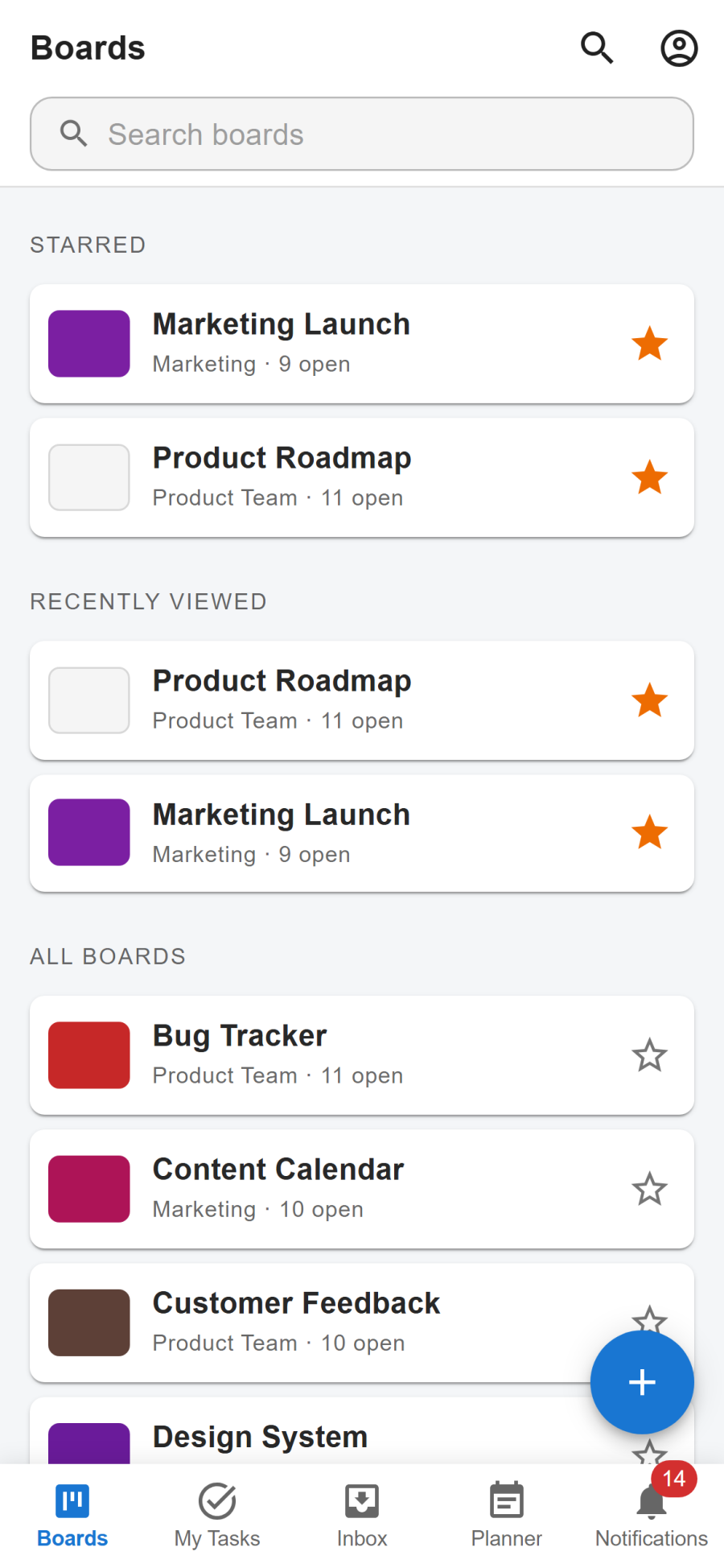 The phone app's boards screen with starred and recent boards as rows and the five tabs along the bottom