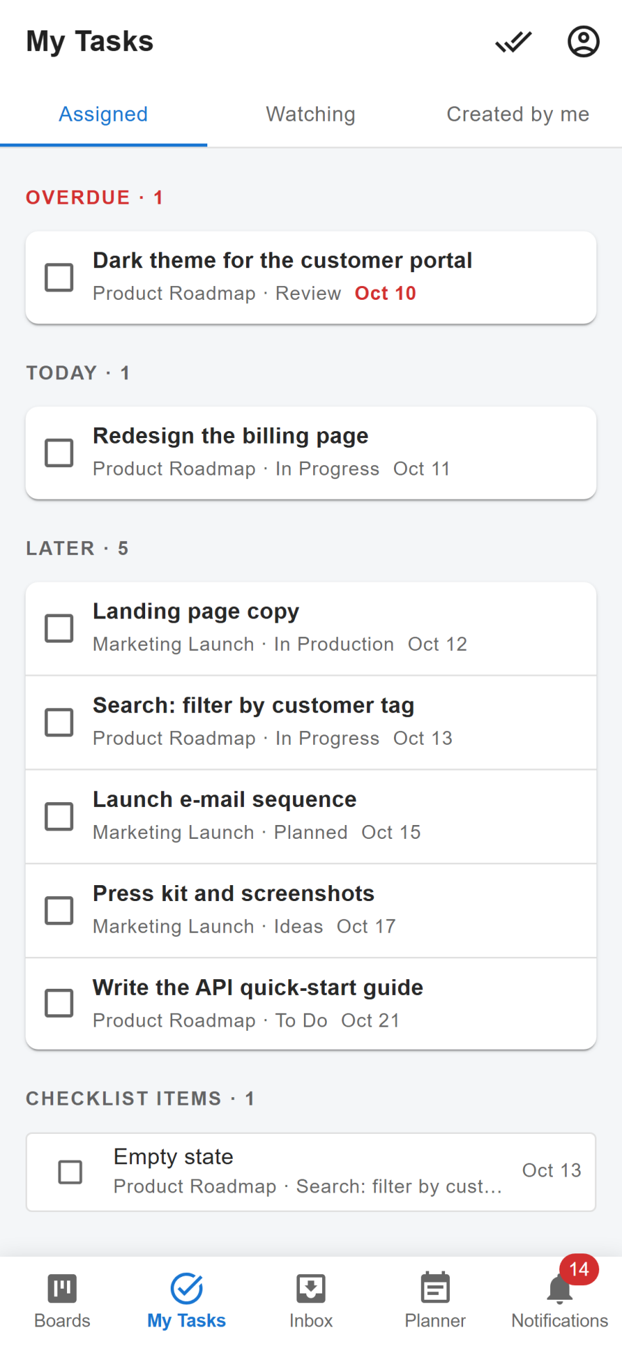 The My Tasks tab of the phone app with tasks grouped by due date