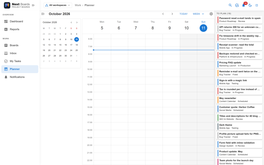 The Planner in week view with time blocks for several cards and the To plan list beside it