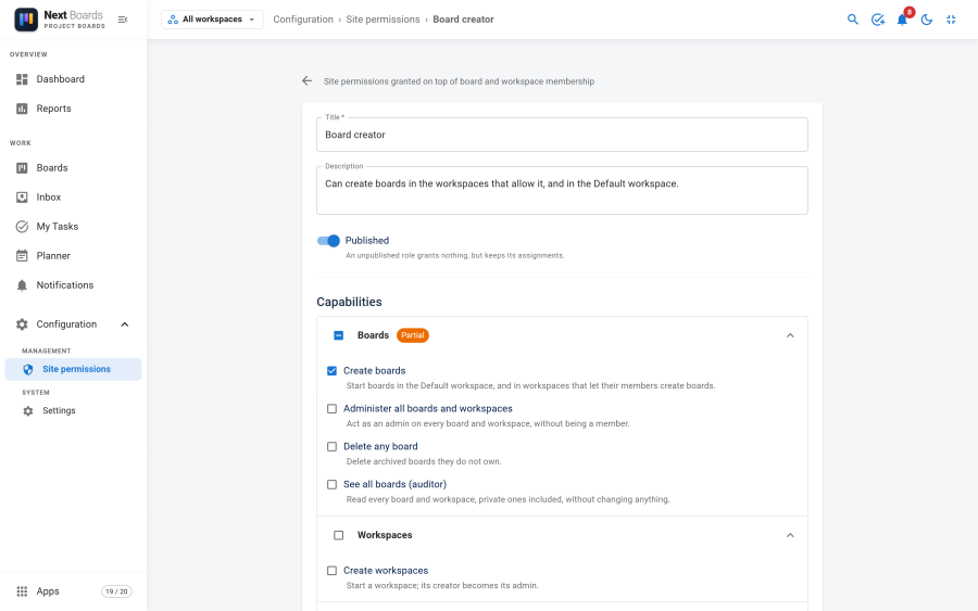 The role editor with the title, the published switch and the capability checkboxes grouped by Boards, Workspaces and Configuration