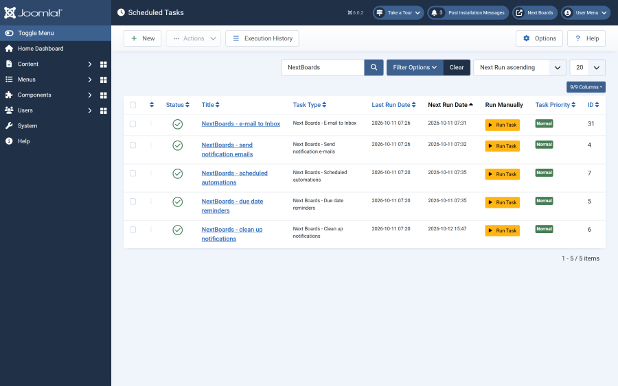 Joomla's Scheduled Tasks list filtered to the Next Boards tasks, with their type, last run and next run