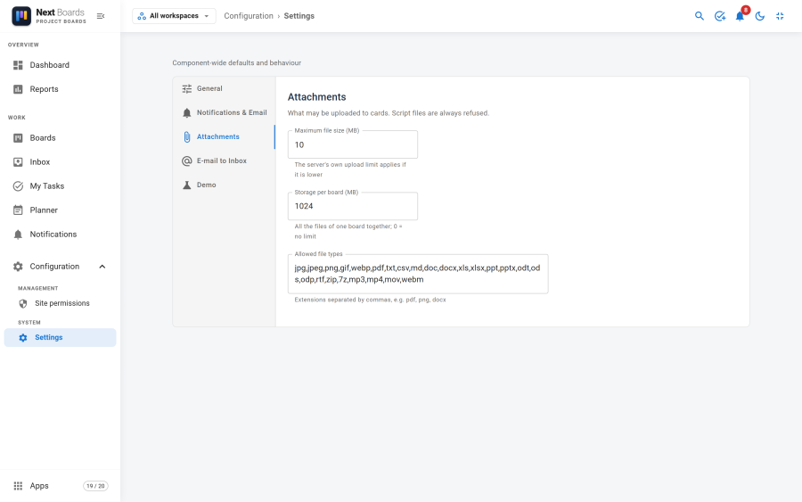 The Attachments tab with the maximum file size, the storage per board and the list of allowed file types
