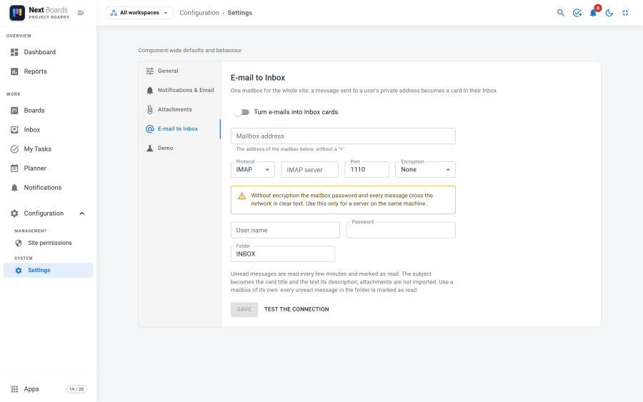 The E-mail to Inbox settings with the mailbox address, protocol, mail server, port, encryption, user name and password fields and the Test the connection button
