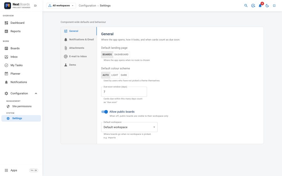 The General tab of the settings page with the default landing page, colour scheme, due-soon window, public boards switch and default workspace