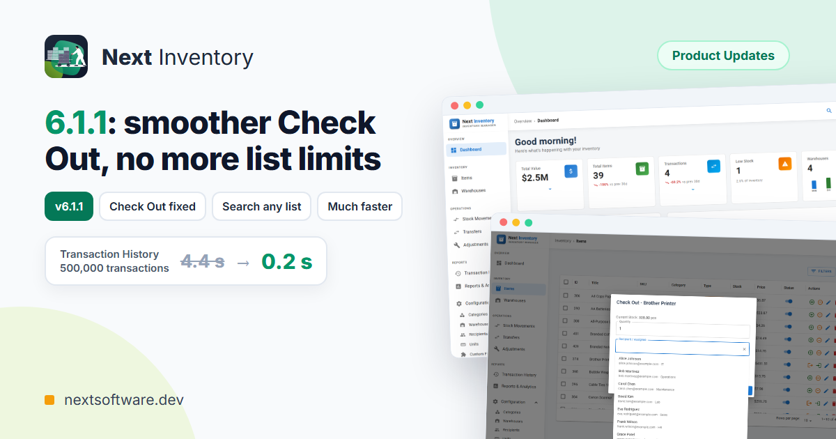 Next Inventory 6.1.1: smoother Check Out, no more list limits, and much faster